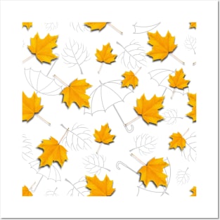 Autumn leaves pattern with grey umbrellas Posters and Art